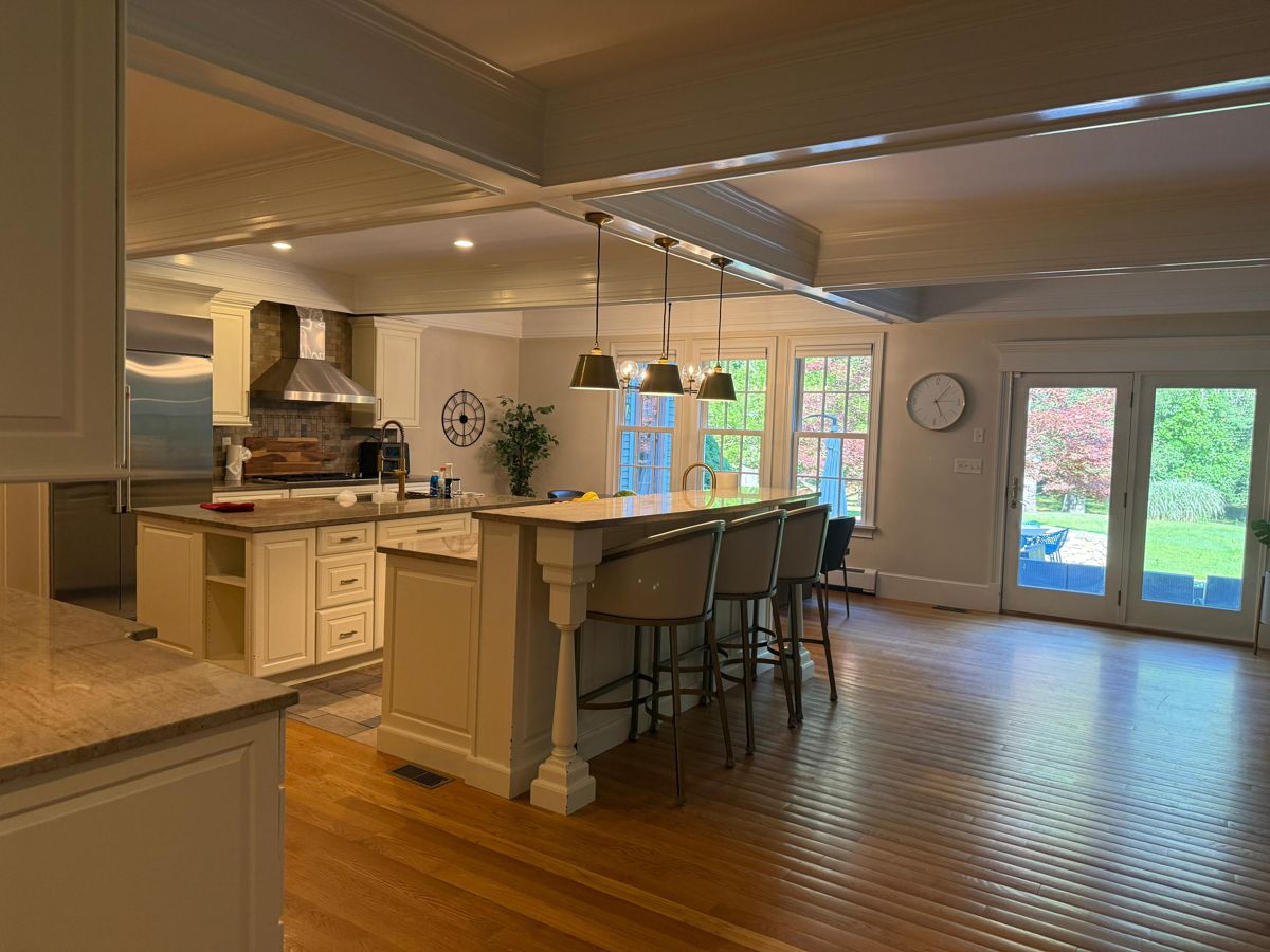 Spotless open-plan kitchen with island