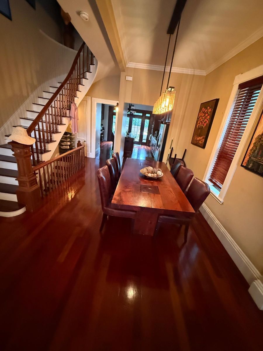 Freshly cleaned dining room and staircase